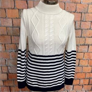Talbots White and Navy Striped‎ Mock Neck Sweater